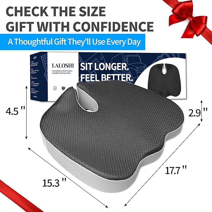 Office Chair Cushion with Coccyx Cutout & U-Shape Design, 2.8" Memory Foam for Back Pain Relief - Ergonomic Seat Pad, Removable Cover, Universal Fit