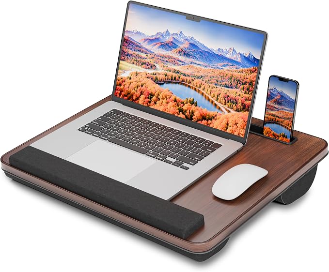 HETTHI Portable Lap Desk, Laptop Stand for Bed with Soft Wrist Rest, Tablet/Phone Slot, Fabric Handle, Laptop Bed Table with Cushion (Dark Brown)