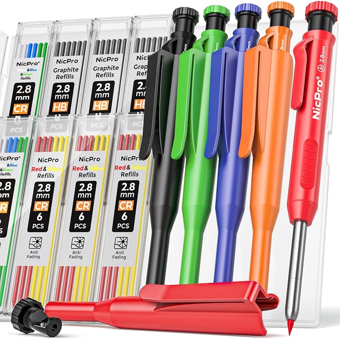 Nicpro 5 Pack Carpenter Pencil with Sharpener & Holster, Carpenter Tools | Mechanical Carpenter Pencils with 53 Refills, Heavy Duty Construction Pencil, Comfort Grip Woodworking Pencils for Architect