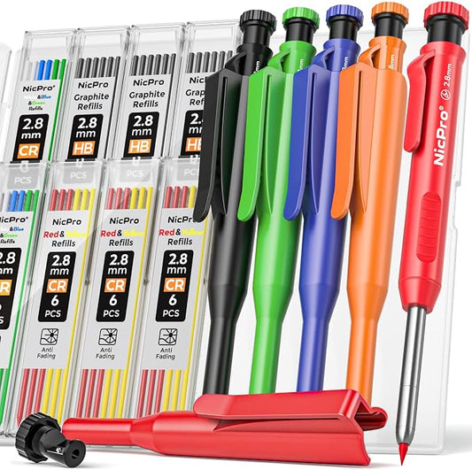 Nicpro 5 Pack Carpenter Pencil with Sharpener & Holster, Carpenter Tools | Mechanical Carpenter Pencils with 53 Refills, Heavy Duty Construction Pencil, Comfort Grip Woodworking Pencils for Architect