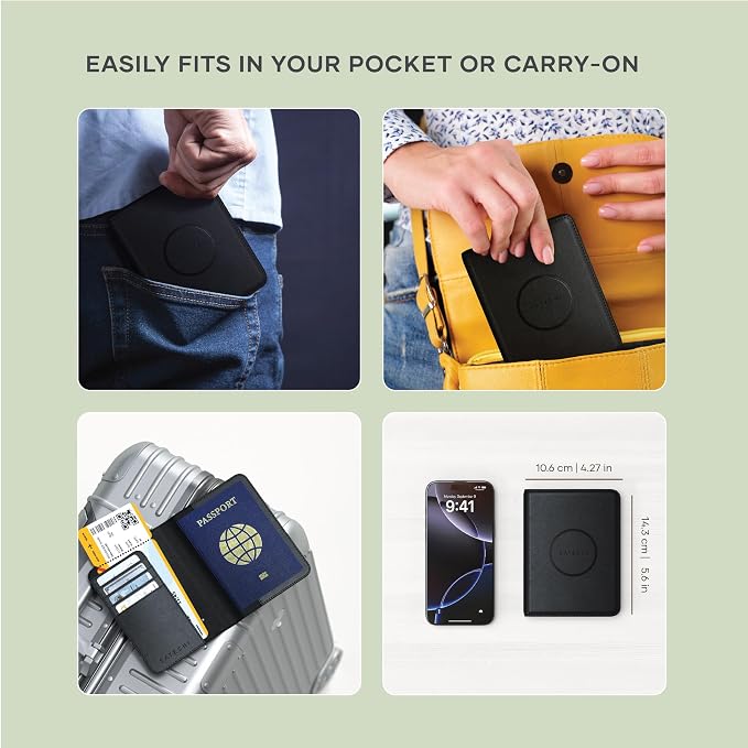 Satechi Passport Holder with Find My Tracking, 4-Slot Card Wallet, Black | 4-slot card wallet, wireless charging, RFID protection, vegan leather