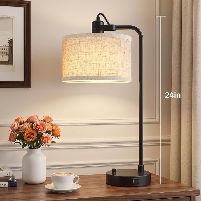 Black Table Lamp Set of 2 with USB A and C Ports, 180° Adjustable Stepless Dimming Bedside Lamps for Night Stands, E26 LED Bulb Included, Industrial Desk Lamps for Home Office, Bare Bulb Compatible