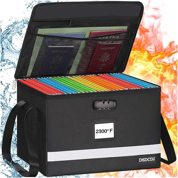 Fireproof File Box with Lock, Upgraded Fireproof Document Box with Reflective Strip, Portable File Organizer Filing Cabinet with Handle for Hanging Letter/Legal Folder, 15.5" x 12.3" x 10.5" | Fireproof