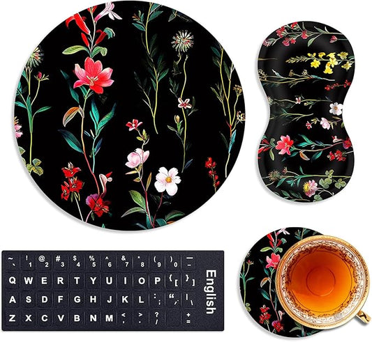 Mouse Pad+Mouse Wrist Rest Support Set+Coaster,Memory Foam Ergonomic Easy Typing Pain Relief,Non-Slip Rubber Base Small Mousepad for Computer,Laptop,Home & Office,Garden Flowers