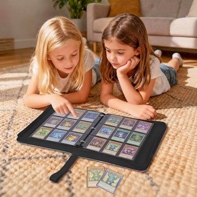 Trading Card Binder TCG, 900 Pockets, 50 9-Pocket Sheets, 3-Ring Refillable Album Fits Standard 2.5"×3.5" Cards, Zippered PU Cover, Acid-Free Top-Loading Pages, Wrist Strap - Axolotl Design