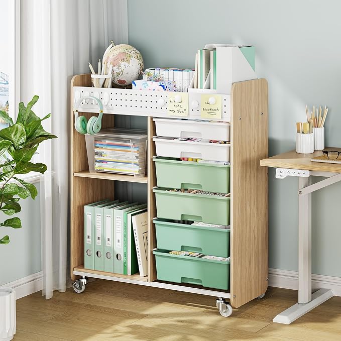 Rolling Craft Cart with 6 Drawers, Pegboard and Locking Wheels Green | Ample multi-zone storage, 2 open shelves, art cart for classrooms, homeschool and offices, sturdy wood-metal frame