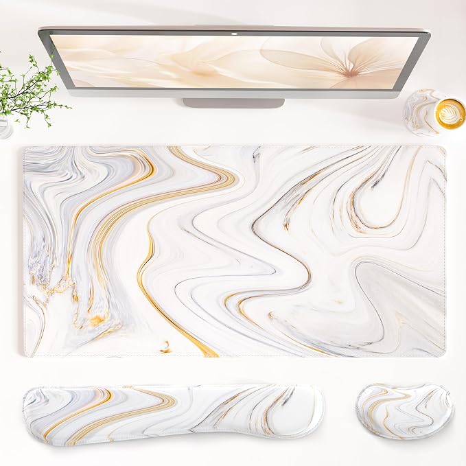 QIYI PU Leather Desk Mat Set, 4-in-1 Ergonomic Wrist Rest, Marble Stripes | Waterproof Large Mouse Pad 31.5×15.7 + Keyboard Wrist Rest + Mouse Wrist Support+Coaster, Non-Slip Office Gaming Accessories