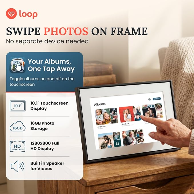Loop Wi-Fi Digital Picture Frame with Touch Screen – 10-Inch Digital Photo Frame for Home – Text Message and App Photo Sharing – User-Friendly Digital Frame – Gift for Family