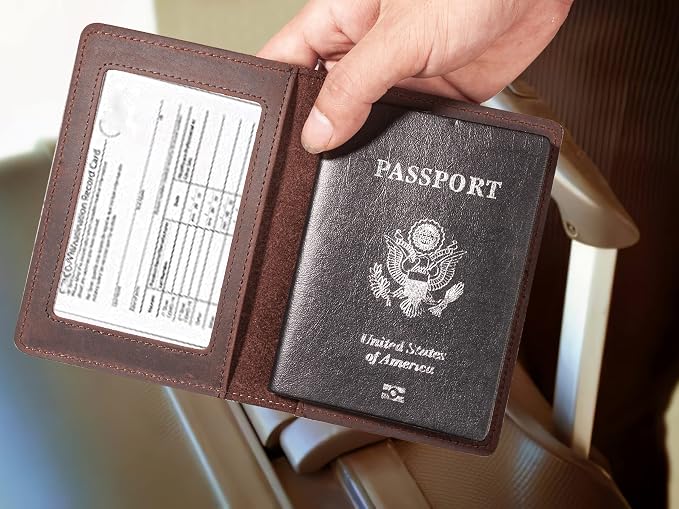 Genuine Leather Passport and Vaccine Card Holder Combo, RFID Blocking, Coffee, Unisex
