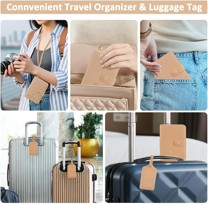 Passport Holder RFID Protected Wallet and Luggage Tag with Protection Cover Travel Accessories Leather Card Case Organizer for Women Men (Beige)