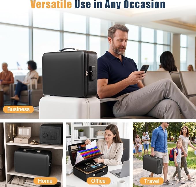 Fireproof Document Box, Hard Briefcase Fireproof Safe for Home Documents | Fire proof file box for documents, detachable accordion file organizer, waterproof digital document organiser briefcase