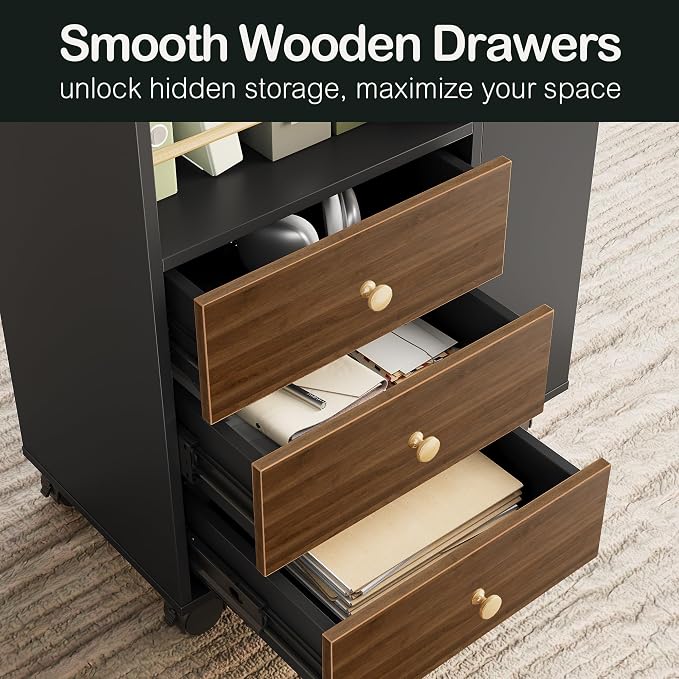 Mobile File Cabinet Under Desk with 3 Drawer, Lockable Wheels | Rolling Filing Cabinet, Utility Cart with Open Storage Shelves Home Office Fits A4/Legal, 19.7" x 11.8" x 26.3", Black Walnut