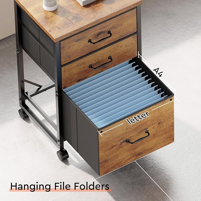 3 Drawer File Cabinet with Wheels with Open Storage Shelf, Rustic Brown2