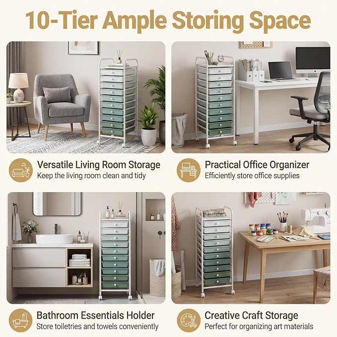 COSTWAY 10-Drawer Rolling Storage Cart, Utility Mobile Trolley | Removable Drawers & Universal Casters & 2 Brakes, Versatile Flexible Drawer Organizer Cart for Home, Office (Green Gradient)