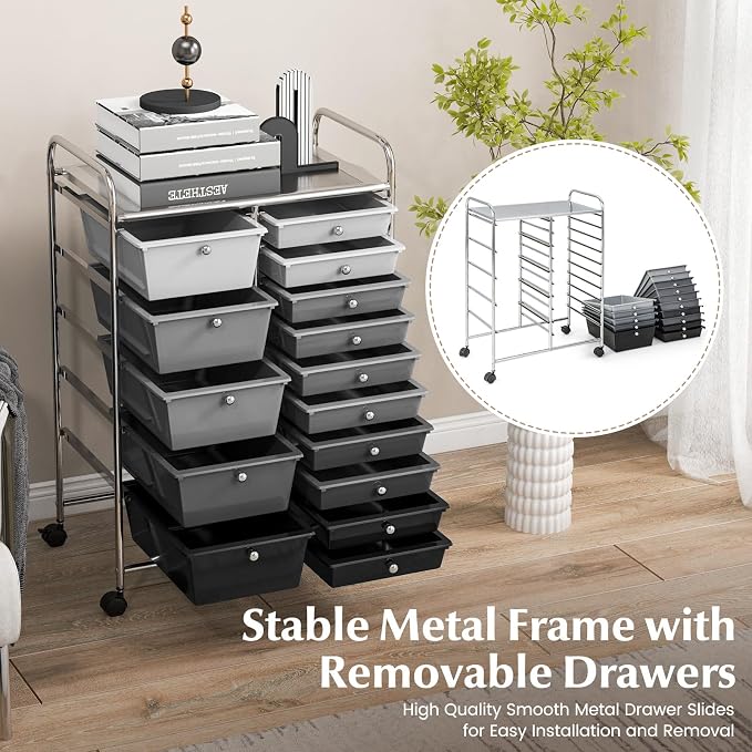 RELAX4LIFE 15-Drawer Storage Drawer Cart - Mobile Rolling Utility Cart with Wheels, Steel Frame, Craft Organizer for Classroom Organization and Storage, School, Office, Home, Gradient Black