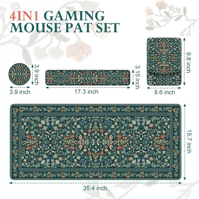iCasso Mouse Pad with Wrist Rest,Ergonomic Large Desk Mat Set, Deep Green | Keyboard Pad with Wrist Support, Non-Slip Mouse Mat for Women, Cute Floral Computer Mat for Home Office Gaming