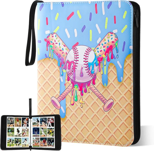 Ice Cream Drip Pattern Baseball Card Binder Waterproof Trading Card Binder Portable Collector Cardholder Album Case Gifts Baseball Cardholder for Boys Sports Game Supplies(900 Pocket,Blue)