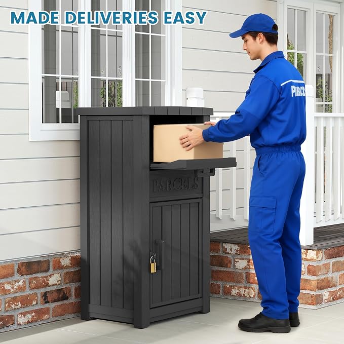 Package Delivery Box for Outside with Sign, Large Lockable & Weatherproof Anti-Theft Parcel Drop Box for Porch, Curbside, House Storage, Black(60 Gallon with Sign)