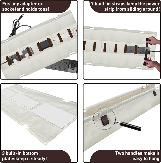 Under Desk Cable Management Tray – No Drill, 28" L x 6" W, Non-Scratch Silicone Clamps, 16 Cable Slots, Washable Honeycomb Base,Beige