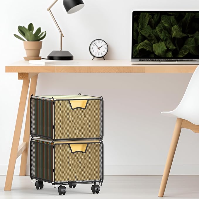 Simple Houseware Stackable Mesh Hanging Rolling File Cart, Black | File Folder Organizer with Lockable Wheels