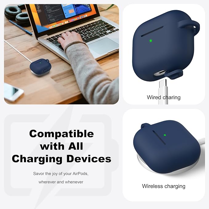 R-fun Compatible with AirPods 3 Case Cover, Silicone Protective Accessories Skin with Keychain Compatible with Apple AirPod 3rd Generation 2021 for Women Men Girls Boys,Front LED Visible,Midnight blue