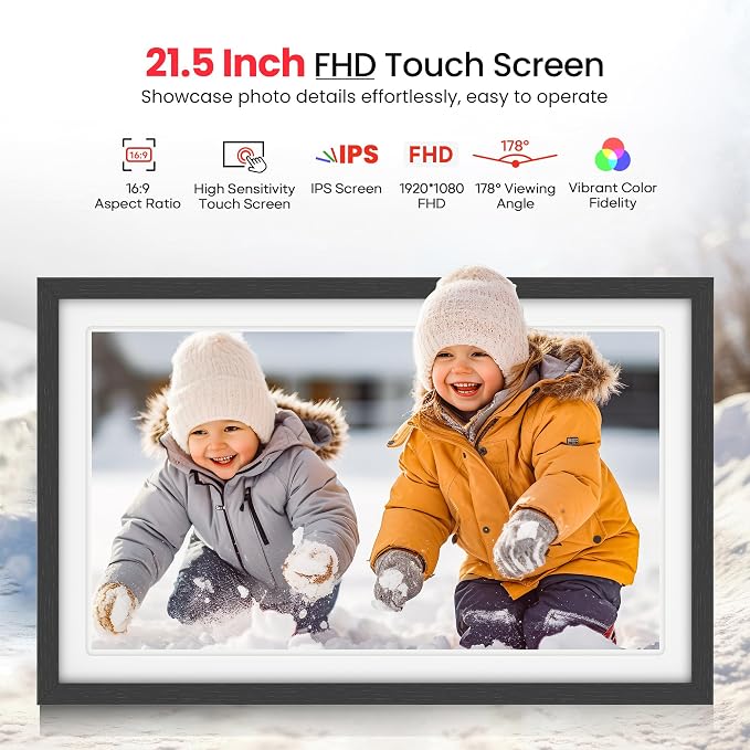 64GB Frameo 21.5" Digital Picture Frame Large 1920 x 1080 IPS FHD Touch Screen WiFi Electronic Photo Frames Share Moments from Phone Instantly Best Gifts for Parents and Grandparents Black Wood White