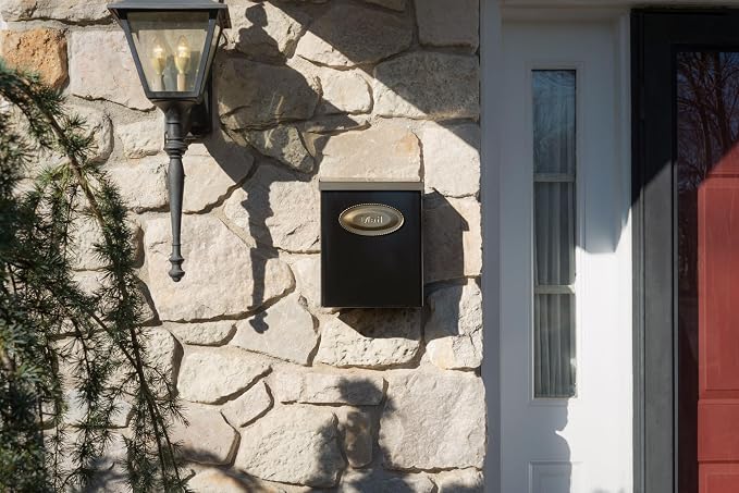 Architectural Mailboxes Designer Locking Wall Mount Mailbox, Black, Medium | Galvanized steel build with a concealed lock and key drop box and weather-resistant outdoor construction.