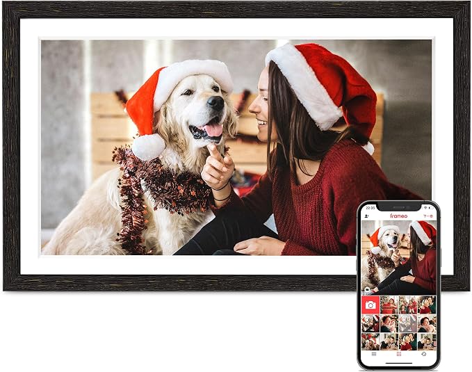 Digital Picture Frame, 15.6 Inch Frameo Digital Frame WiFi, 1920 * 1080 IPS FHD Touchscreen, 32GB, Tabletop&Wall-Mounted, Share Picture Video, Large Electric Photo Frame, Mom Gifts, Black Woodgrain