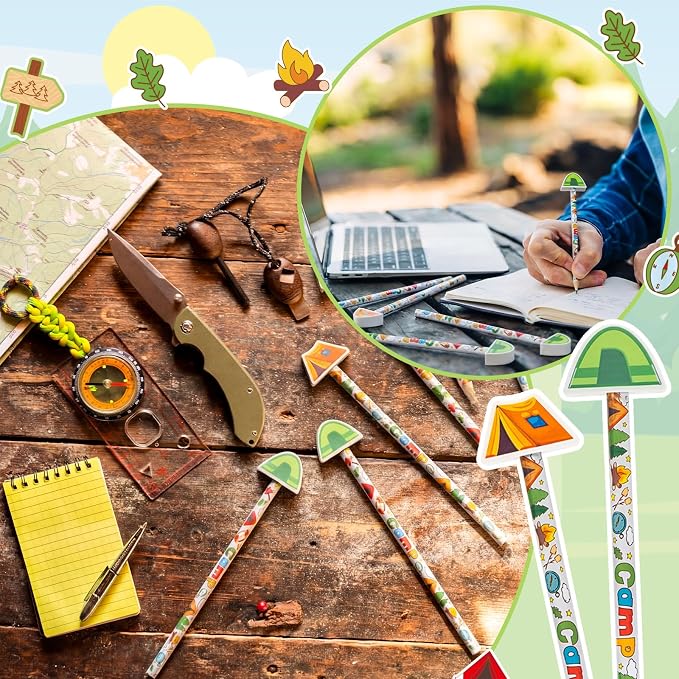 32 Pcs Camp Pencil with Eraser Summer Camping Party Favors Camping Stationery Supplies for School Classroom Exchange Gift Reward Prizes Adventure Vbs Party Supplies