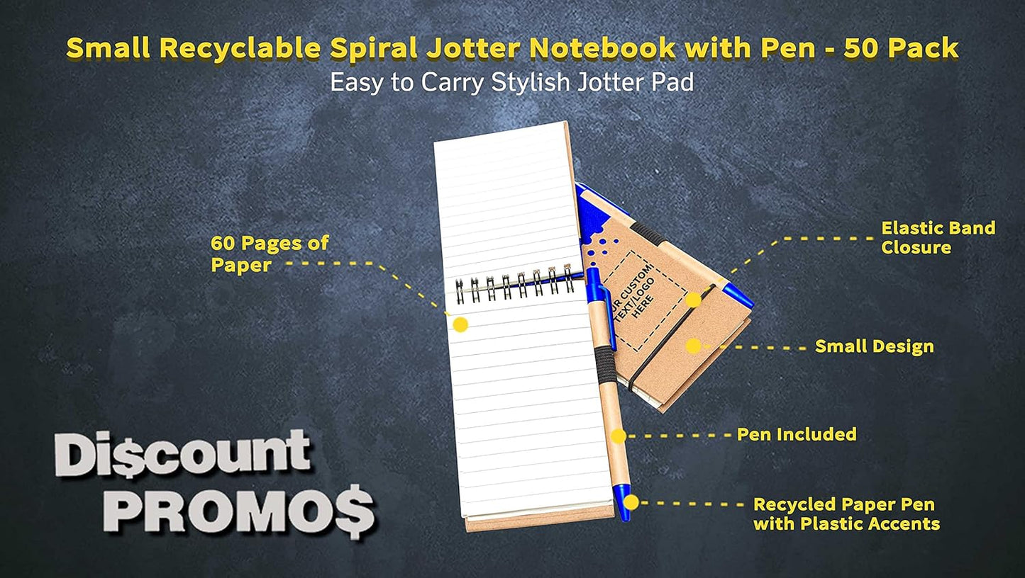 DISCOUNT PROMOS 50 Recyclable Spiral Small Notebooks Pack - Customizable Text, Logo - 60 Lined Pages - Blue