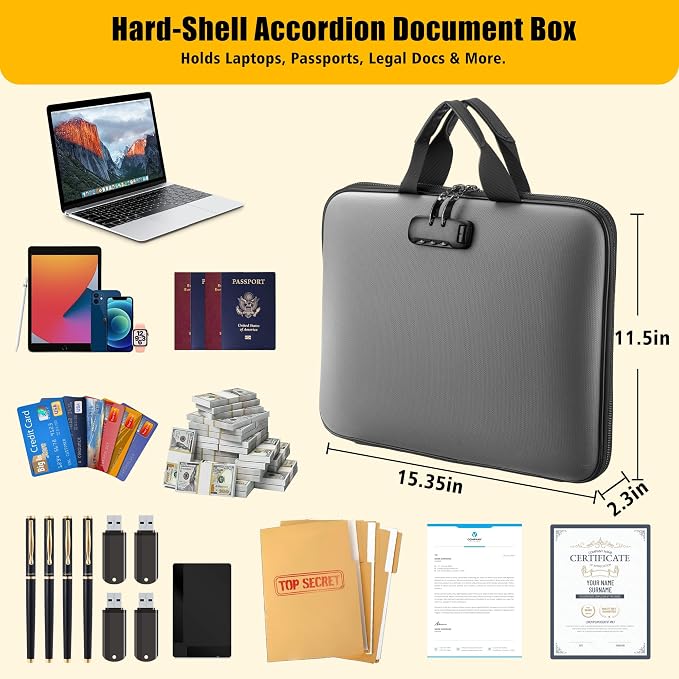 facka Fireproof Document Box with Lock, Hard-Shell Safe File Organizer | 13-Pocket Accordion Folder for Important & Legal Documents, Laptop, Passport, Cards & Valuables, Home Office Travel Gray