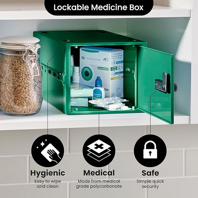 Lockabox One™ | Premium Medicine Lock Box | Medium Medication Lock Box With Code For Medicines, Vitamins & Supplements | External Size 12 x 8 x 6.6 inches (Medi Green)