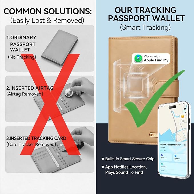 Trackable Passport Holder for Travel, RFID Blocking Wallet, Brown | Rechargeable PU leather cover works with Apple Find My and is Apple MFi certified; it includes card storage and a lanyard.