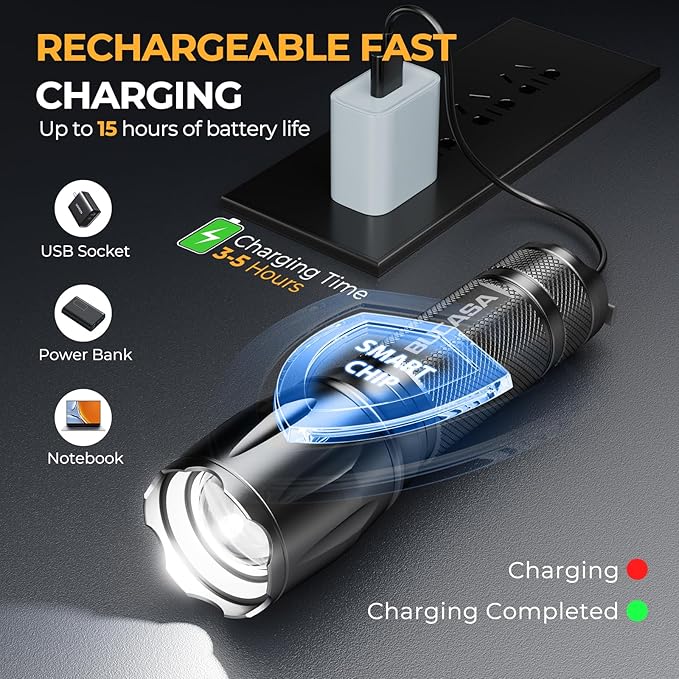 BUCASA Rechargeable Flashlights High Lumens 6 Pack, Brighter Small Flashlight Powerful Tactical Flashlights Rechargeable, Waterproof LED Flashlight with 3 Zoomable Modes for Camping Emergency