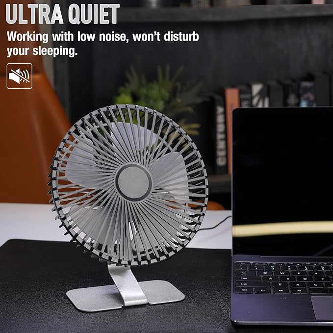 SLENPET 6-inch USB Small Desk Fan, 4 Speeds, Powerful Desktop Table Fan | Ultra-quiet, 90° Adjustment for Better Cooling, Portable Mini Personal Fan for Home Office, Metal Base, Silver