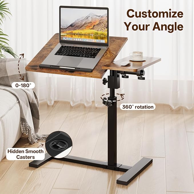 Overbed Table with Wheels Rolling, Adjustable Mobile Bedside Desk | Flip-Top, Laptop Table, C Shaped End Side Table for Couch, Sofa, Bed, Recliner and Home Use, Large Brown