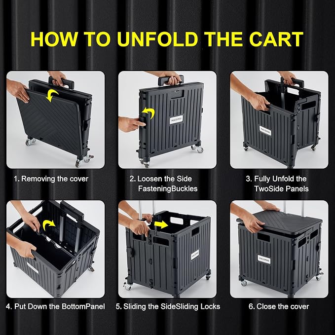 MACOPRO Folding Utility Cart Portable Rolling Crate Handcart Shopping Trolley Collapsible Tool Box, with Lid, Basket on 4 Rotate Wheels, for Grocery, Office, Luggage, Teacher (Black)