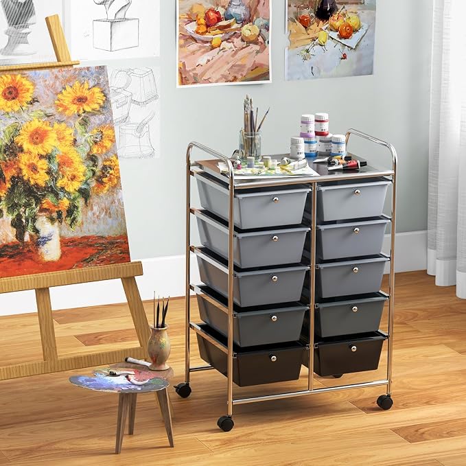 BECOMFORT 10-Drawer Rolling Cart with Drawers, Storage Cart on Wheels, Teacher Classroom Organizers with Metal Frame, Mobile Craft Cart, Trolley Utility Cart for School Office Play Room