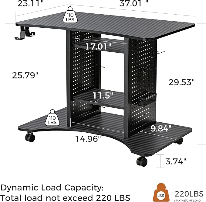 EUREKA ERGONOMIC Gaming Desk Computer, 37" Rolling Desk on Wheels for Small Space, Mobile Computer Cart with Pegboards Adjustable Shelves for Gaming PS Switch Home Office - Black