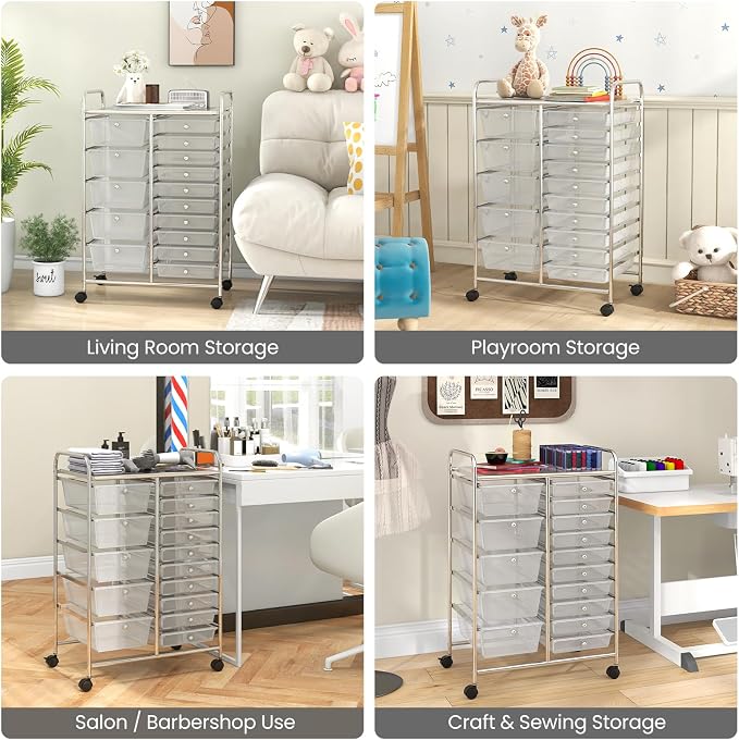 BECOMFORT 15-Drawer Rolling Cart with Drawers, Storage Cart on Wheels, Teacher Classroom Organizers with Metal Frame, Mobile Craft Cart for Tools, Trolley Utility Cart for School Office Play Room