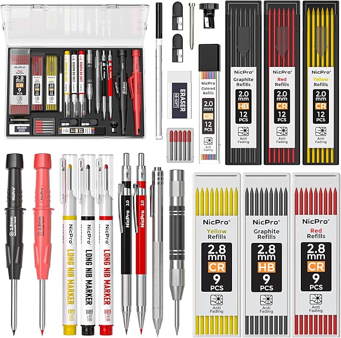 Nicpro 24PCS CP3000 Mechanical Carpenter Pencil Set with Sharpener & Sheath | 76 Refills, 3PCS Long Nib Marker, Center Punch, Carbide Scribe Tool, Heavy Duty Construction Pencil for Architect Woodworking