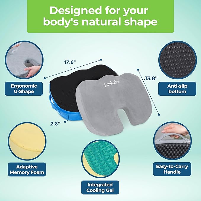 LuminaRest® Gel Seat Cushion for Long Sitting | Premium CertiPUR-US® Certified Memory Foam | Ergonomic Office Chair Cushion for Tailbone & Coccyx Pain Relief, Sciatica & Back Support (Gray)