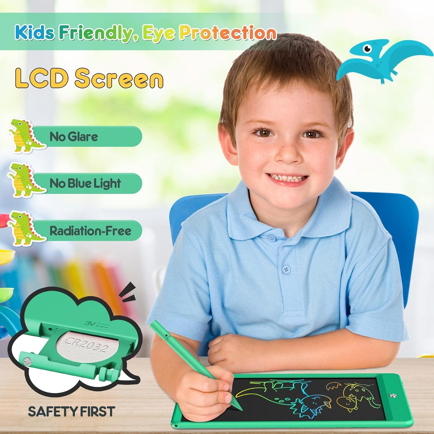 FLUESTON LCD Writing Tablet, Doodle Board Toys Gifts for 3-8 Year Old Girls Boys, 10 Inch Colorful Electronic Board Drawing Pad for Kids, Gifts for Toddler Educational Learning Travel Birthday, Green
