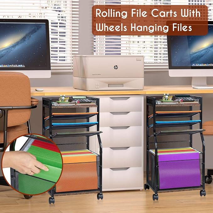 3IngSeagulls Rolling File Cart, 5-Tier Mobile Filing Cabinet on Lockable Wheels, Under Desk Storage, Mesh Sliding Hanging Folder, Office Storage & Organization Cabinet for Office, Home, and School