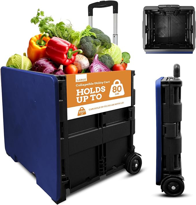 Collapsible Ultra-Slim Pack-N-Roll,2 Wheel Utility Cart w/Lid Used as Seat up to 250 Lbs, Telescopic Handle - Super Strong, for Home, Garden, Shopping, Office, School use, Large, Blue