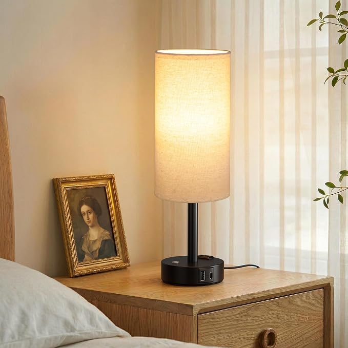 Beige Touch Bedside Lamp for Bedroom, Stepless Dimmable, USB A+C, AC Outlet | Base Touch Button Only, Memory Brightness, Ultra-dim Night Light, Included Bulb for Optimal Dimming, Beige Fabric Shade, Desk