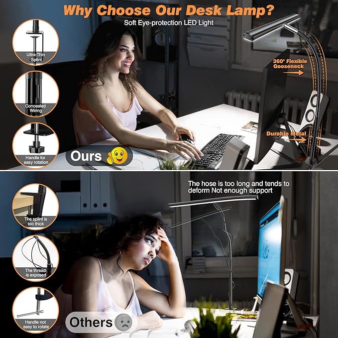 Airlonv LED Desk Lamp with Clamp, 17" Stepless Dimming Light, Black | 2700K-6500K, 100 LEDs, 360° Gooseneck, Fits Up to 30" Monitors, Flicker-Free Lighting for Home Office, Study& Workbench