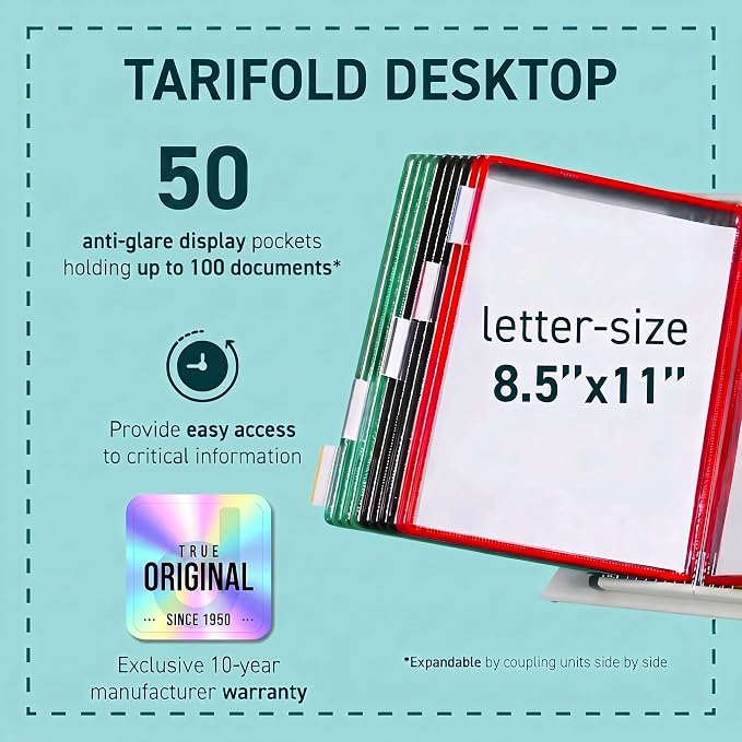 Tarifold Desktop Reference Display System, 50 Pockets, Expandable, Assorted | 50 double-sided PVC pockets, holds 100 letter-size sheets, sturdy metal base, quick-find indexing, quick and easy to assemble