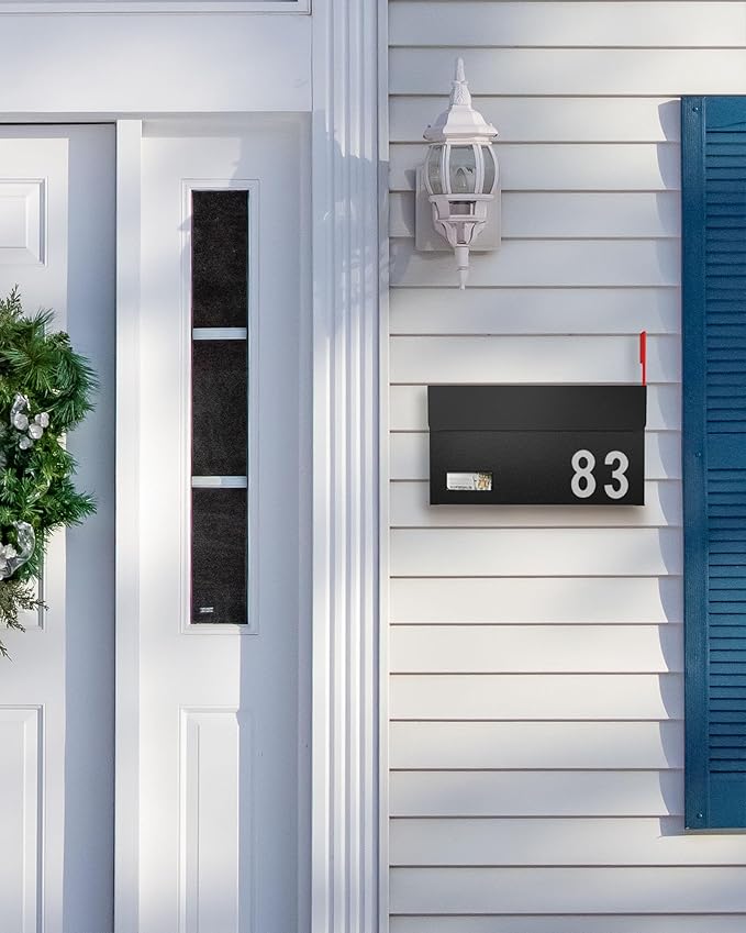 Modern Mailboxes for Outside, Metal Wall Mount Mailbox, with One Flag Kit and Three Sets of Mailbox Number Stickers, 3.9" D×13" W×7.1" H, Rust Resistant Coating Mail Boxes for House, Black AMB06B