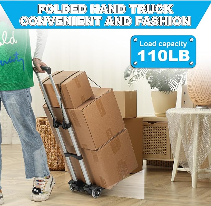Vsaikeo Small Folding Hand Truck Dolly with 2 Wheels, Foldable Luggage Cart | Lightweight Aluminum Collapsible Cart Portable Dolly for Airport Travel Moving Use
